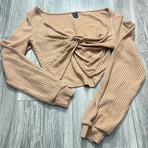 SHEIN Tan Ribbed Knot Front Crop Top